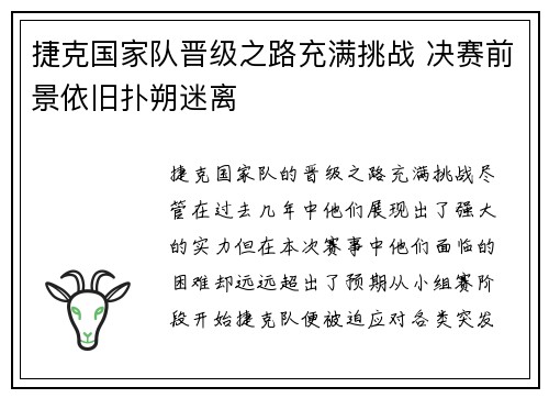 捷克国家队晋级之路充满挑战 决赛前景依旧扑朔迷离
