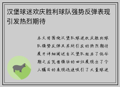 汉堡球迷欢庆胜利球队强势反弹表现引发热烈期待