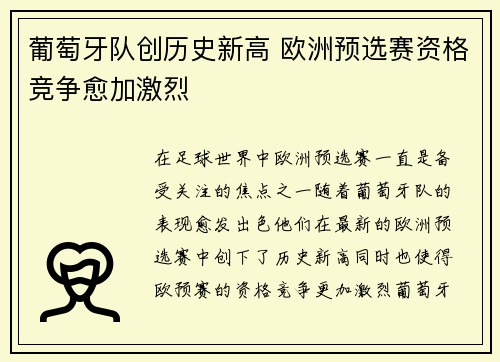 葡萄牙队创历史新高 欧洲预选赛资格竞争愈加激烈
