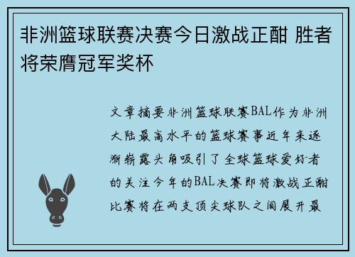 非洲篮球联赛决赛今日激战正酣 胜者将荣膺冠军奖杯