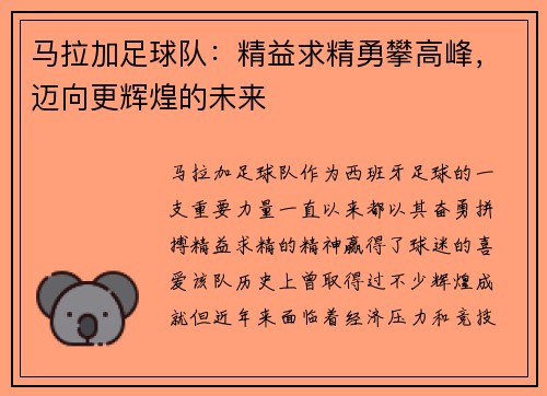 马拉加足球队：精益求精勇攀高峰，迈向更辉煌的未来